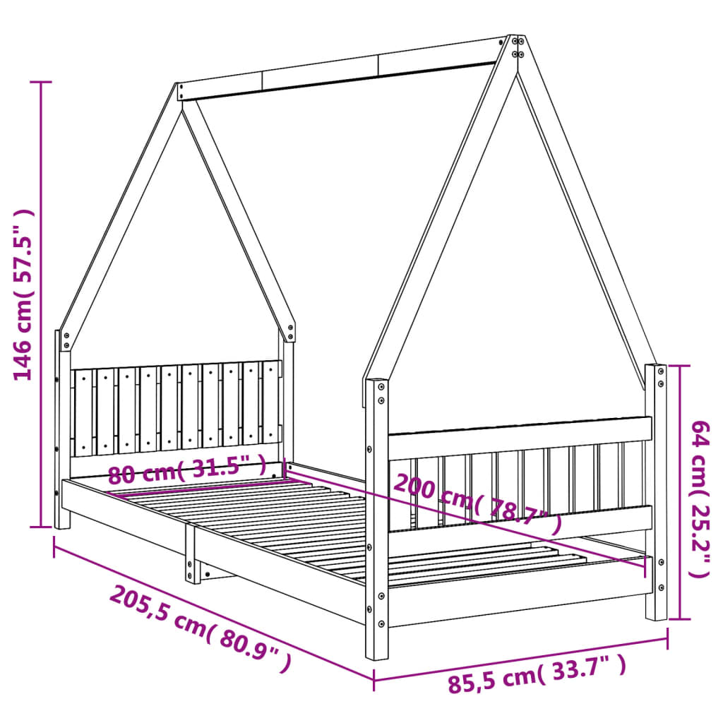 Solid Pine Kids Bed Frame - Black 80x200 cm