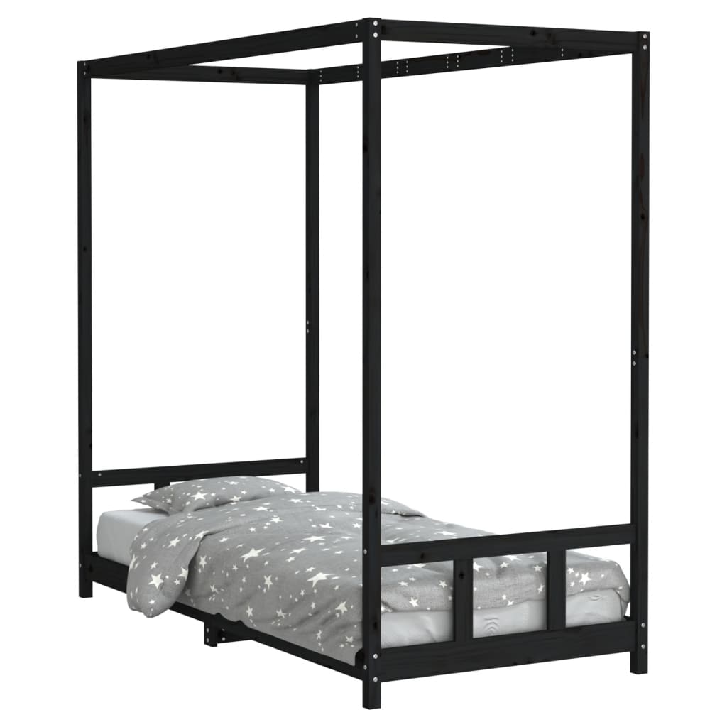Black Solid Wood Pine Kids Bed Frame 90x200 cm