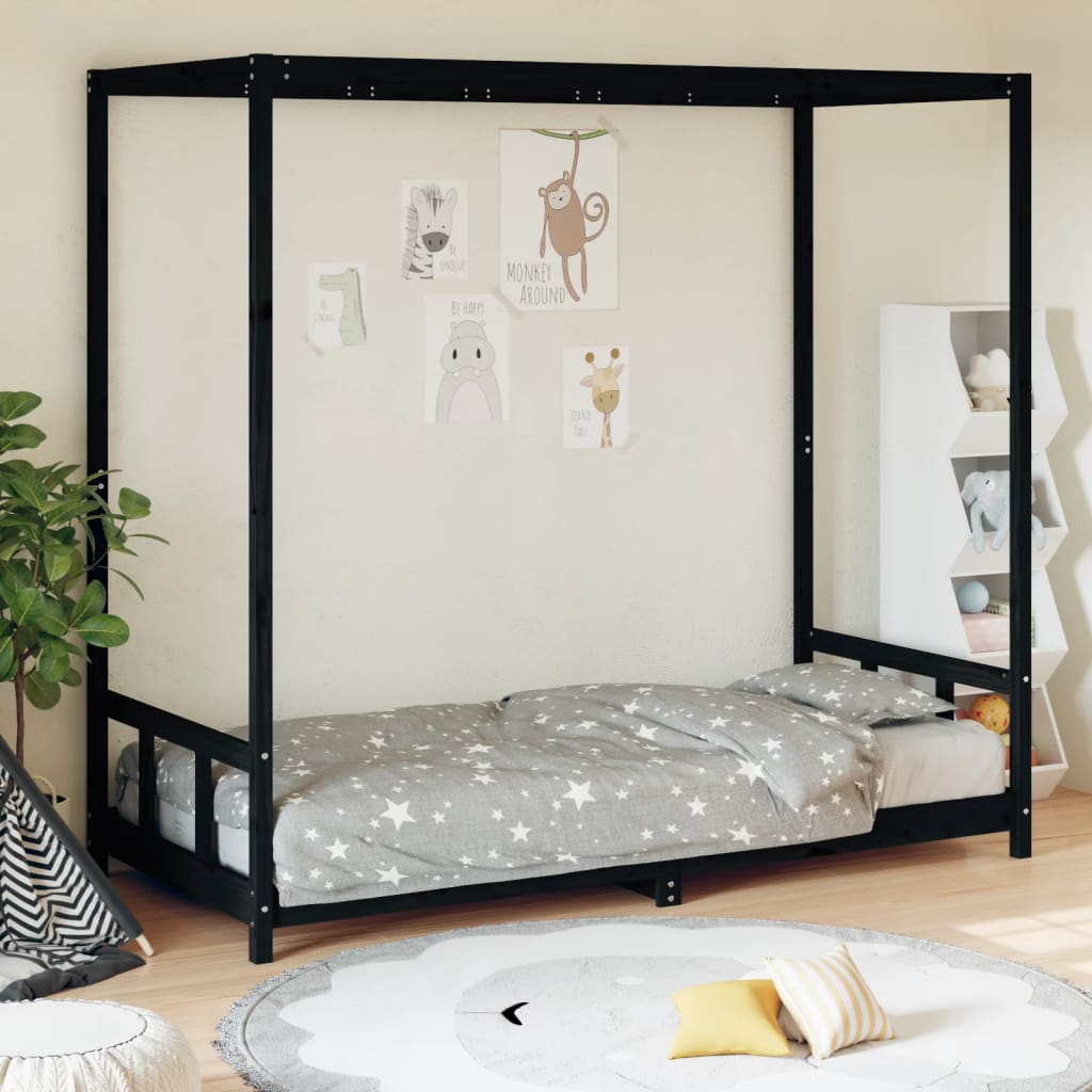 Black Solid Wood Pine Kids Bed Frame 90x200 cm
