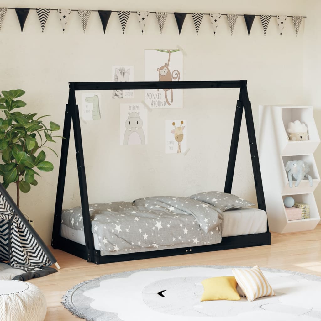 Solid Pine Kids Bed Frame, Black 70x140 cm