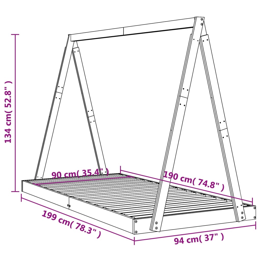 Solid Pine Kids Bed Frame - Black, 90x190 cm