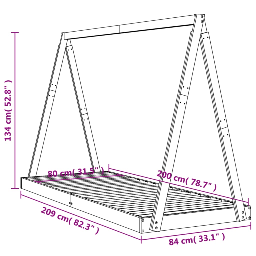 Solid Pine Kids Bed Frame - White, 80x200 cm
