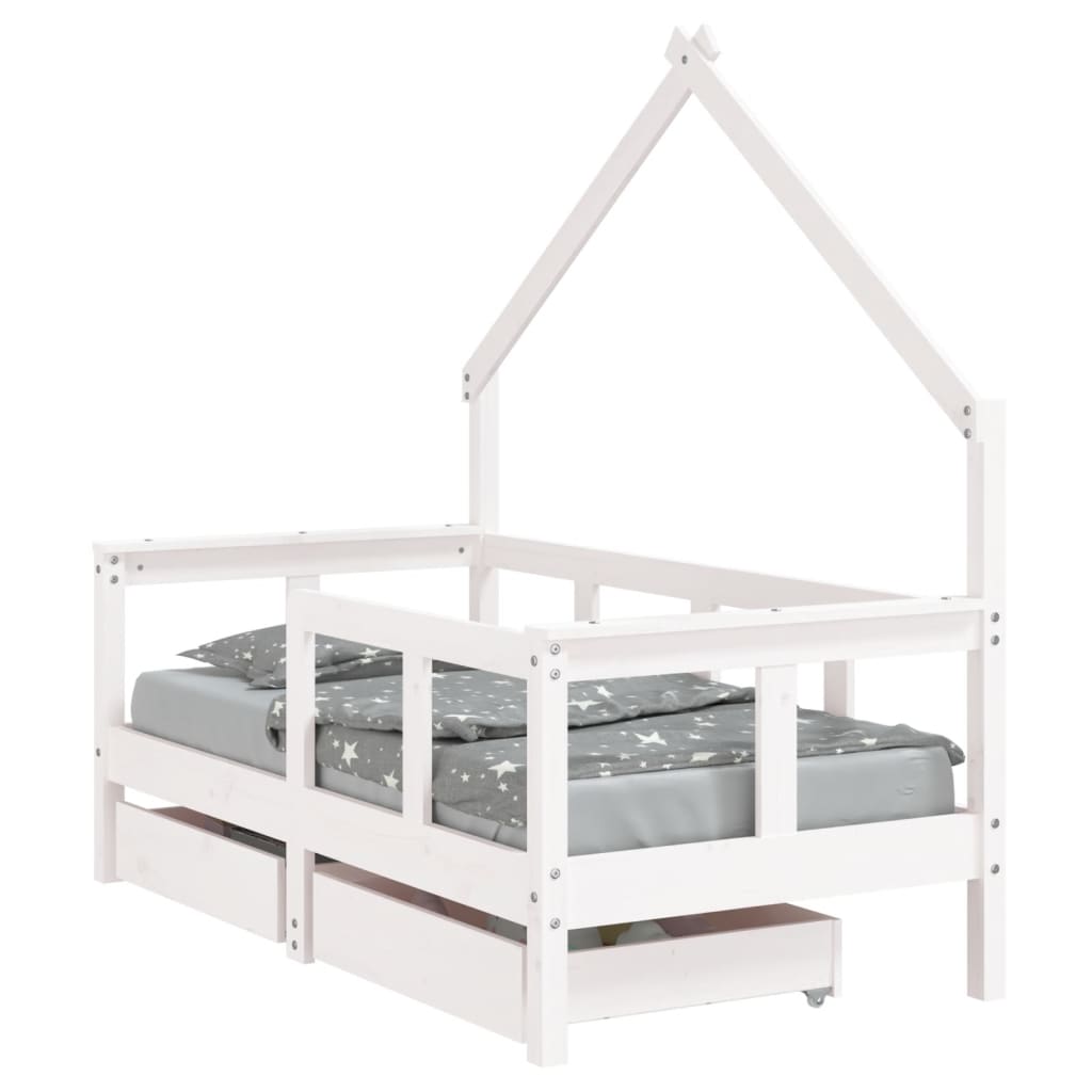 White Solid Pine Kids Bed Frame with Drawers 70x140 cm