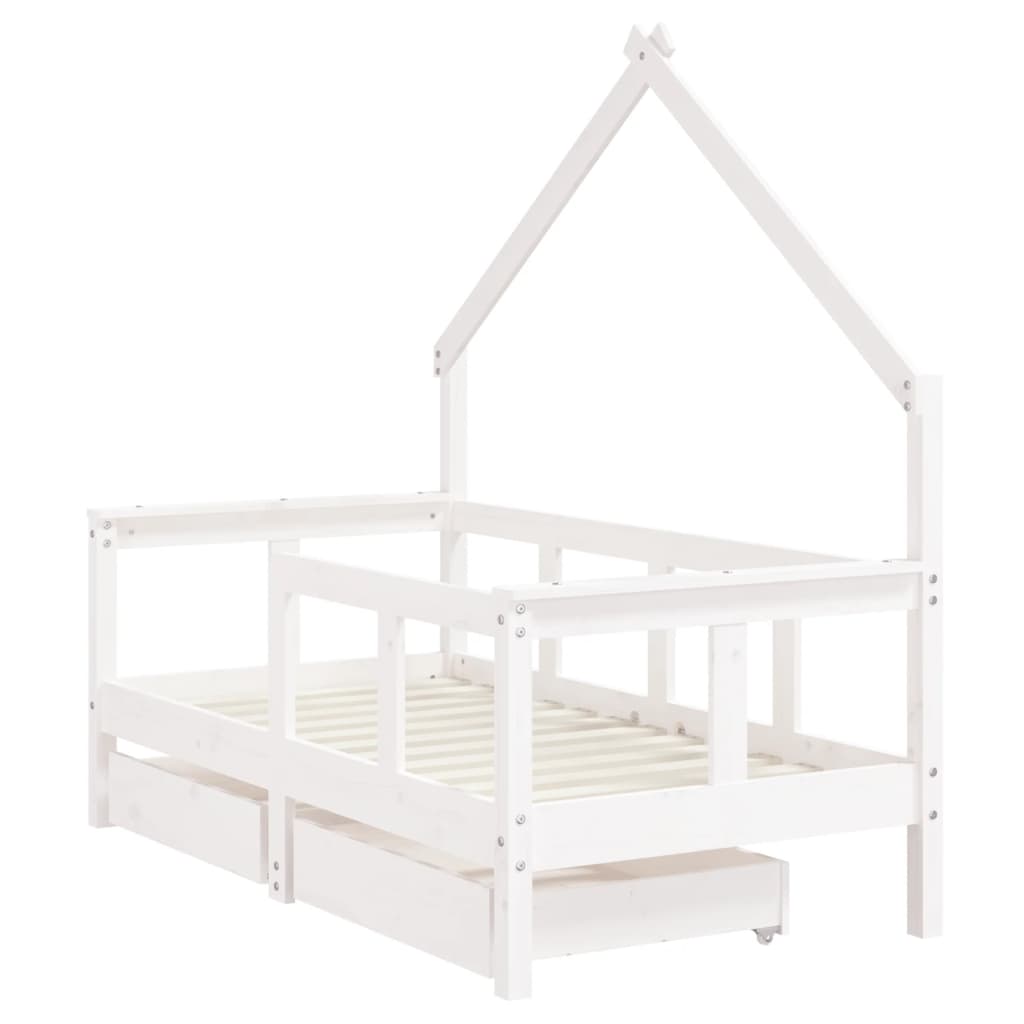 White Solid Pine Kids Bed Frame with Drawers 70x140 cm