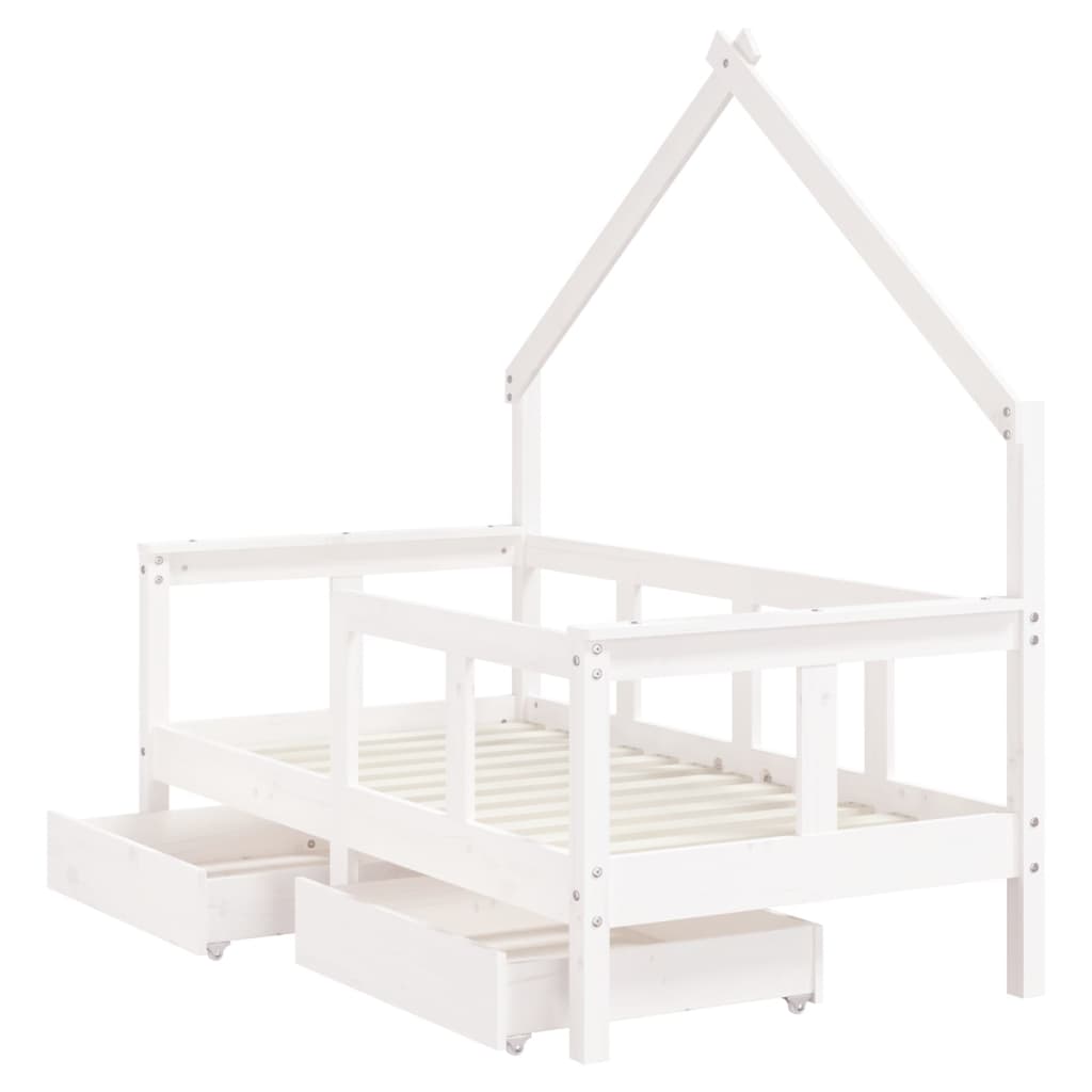 White Solid Pine Kids Bed Frame with Drawers 70x140 cm