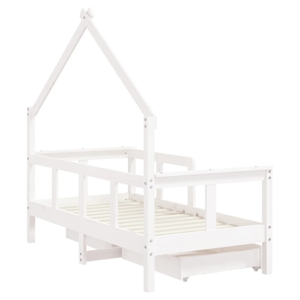 White Solid Pine Kids Bed Frame with Drawers 70x140 cm