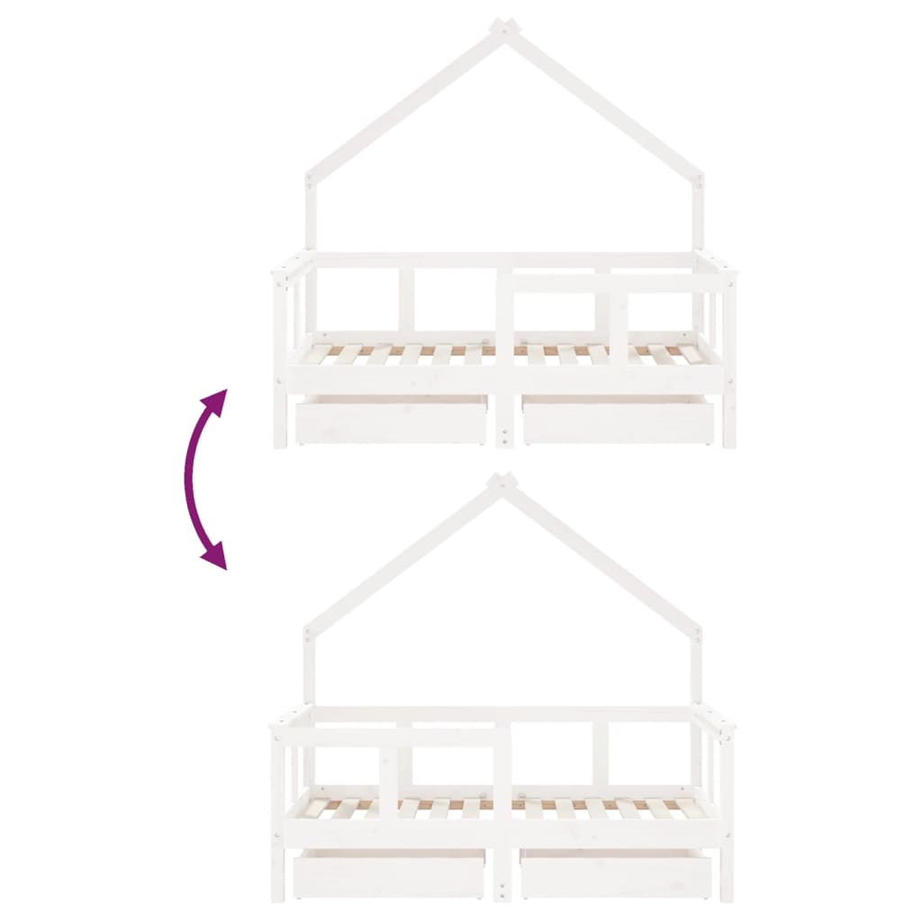White Solid Pine Kids Bed Frame with Drawers 70x140 cm