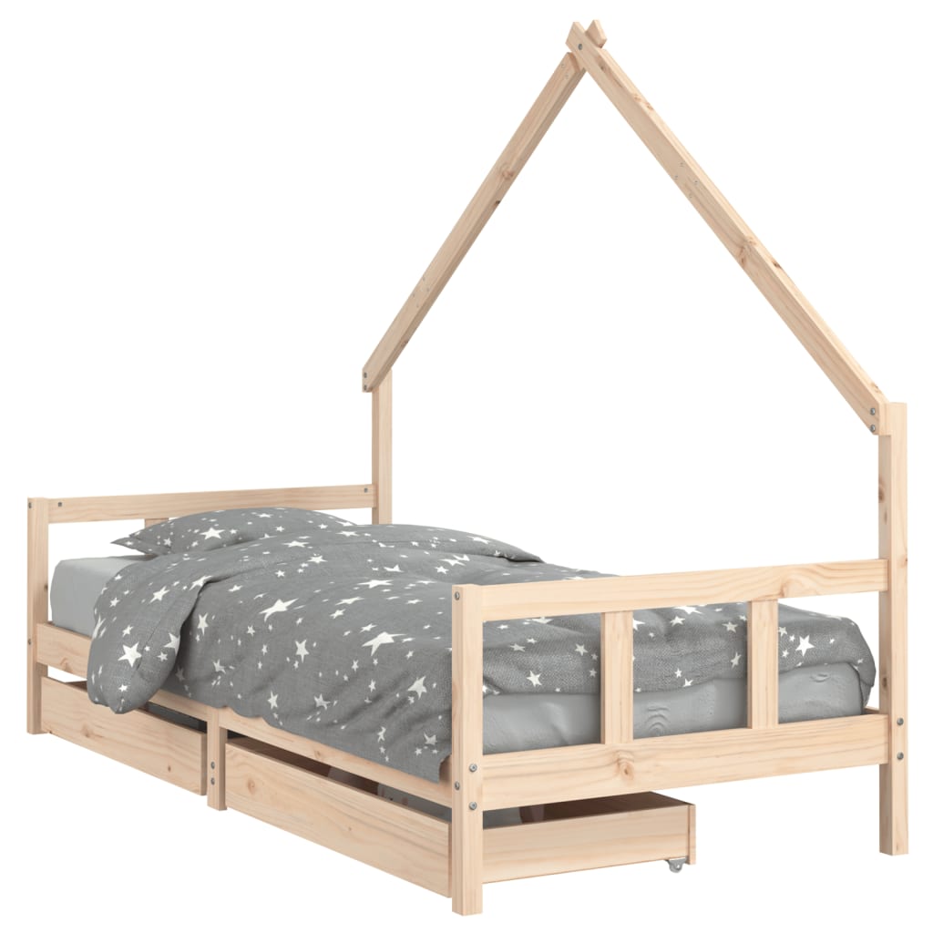 Solid Pine Kids Bed Frame with Storage Drawers 90x190 cm