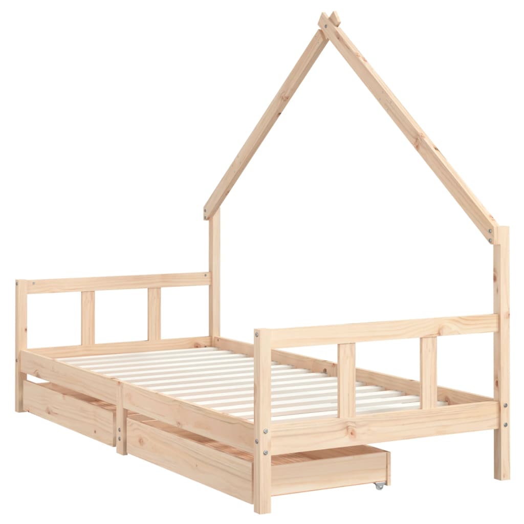 Solid Pine Kids Bed Frame with Storage Drawers 90x190 cm