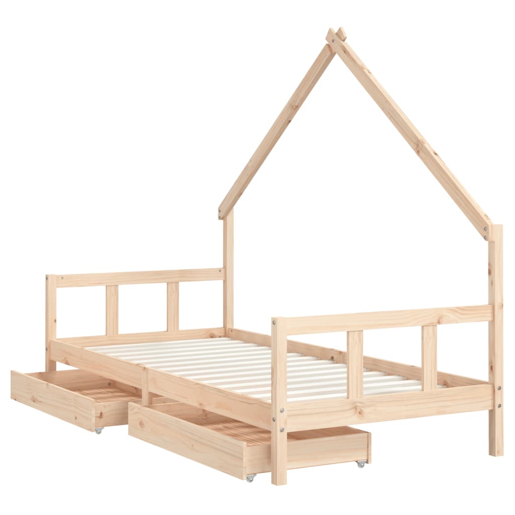 Solid Pine Kids Bed Frame with Storage Drawers 90x190 cm