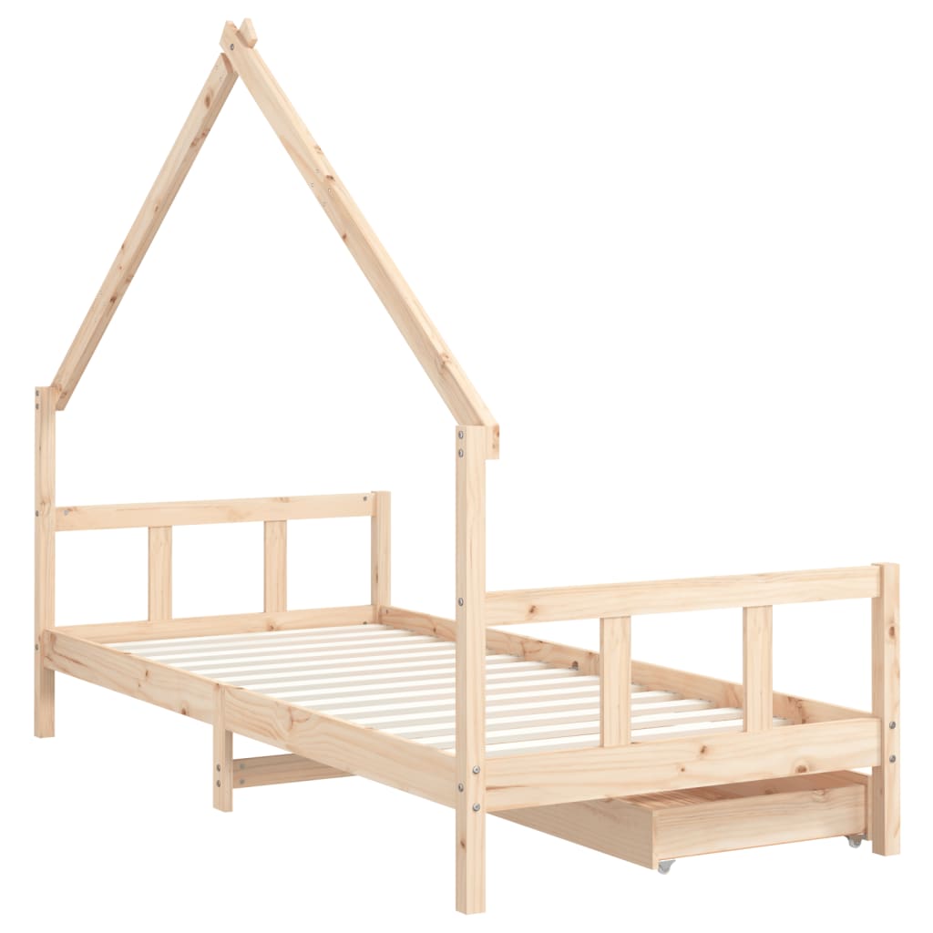 Solid Pine Kids Bed Frame with Storage Drawers 90x190 cm