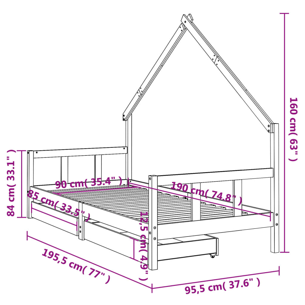 Solid Pine Kids Bed Frame with Storage Drawers 90x190 cm