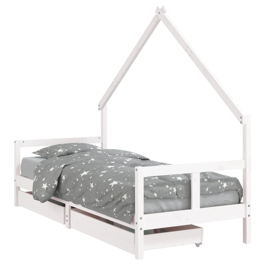 White Solid Pine Kids Bed Frame with Drawers 80x200 cm