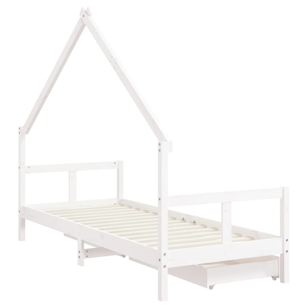 White Solid Pine Kids Bed Frame with Drawers 80x200 cm