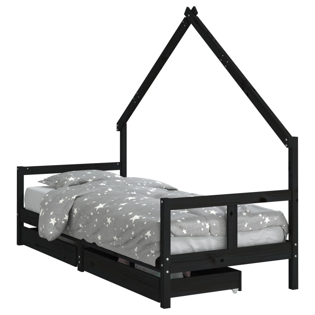 Solid Pine Kids Bed Frame with Drawers, Black 80x200 cm