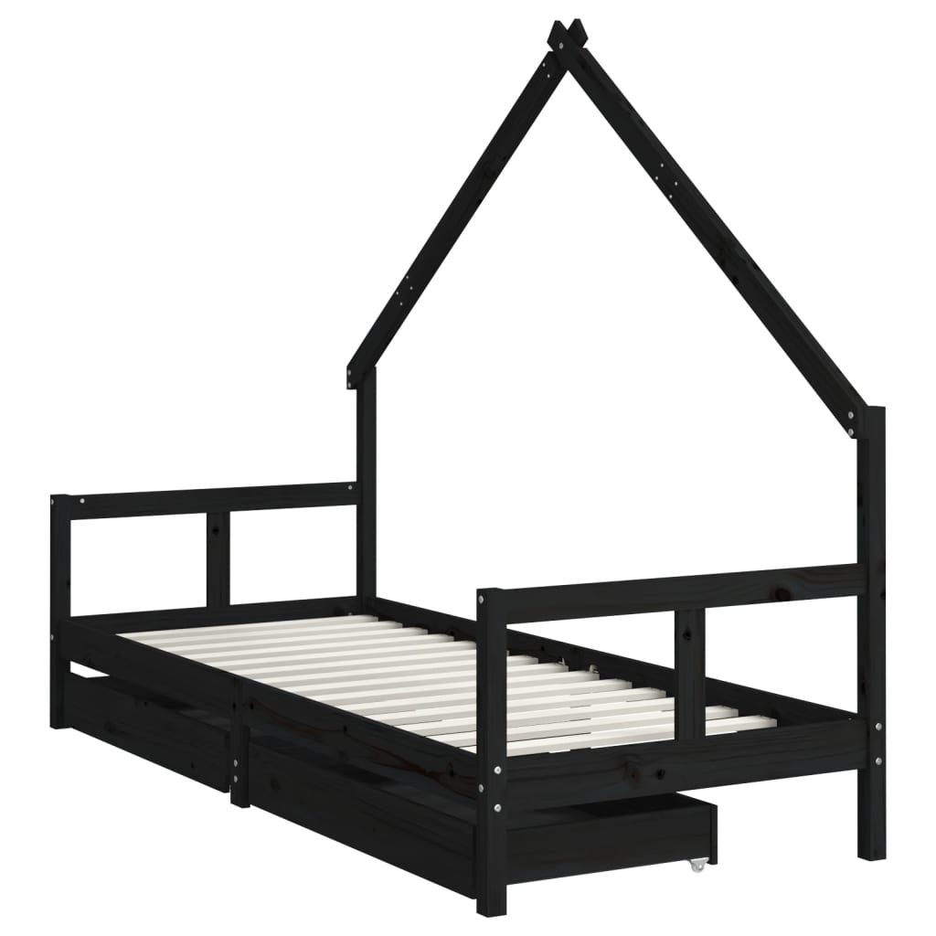 Solid Pine Kids Bed Frame with Drawers, Black 80x200 cm