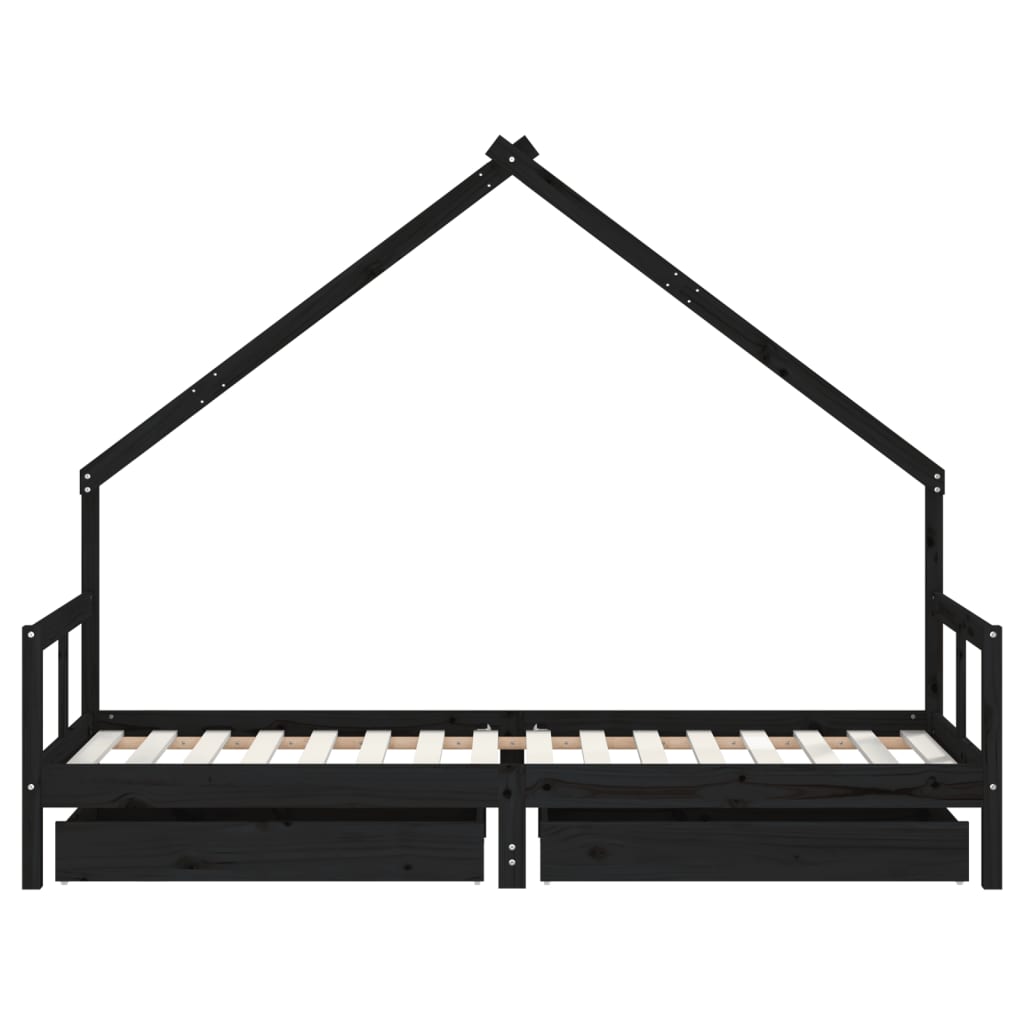 Solid Pine Kids Bed Frame with Drawers, Black 80x200 cm