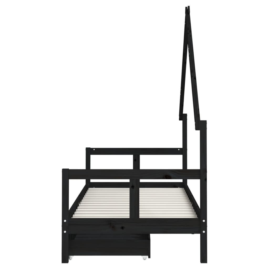 Solid Pine Kids Bed Frame with Drawers, Black 80x200 cm
