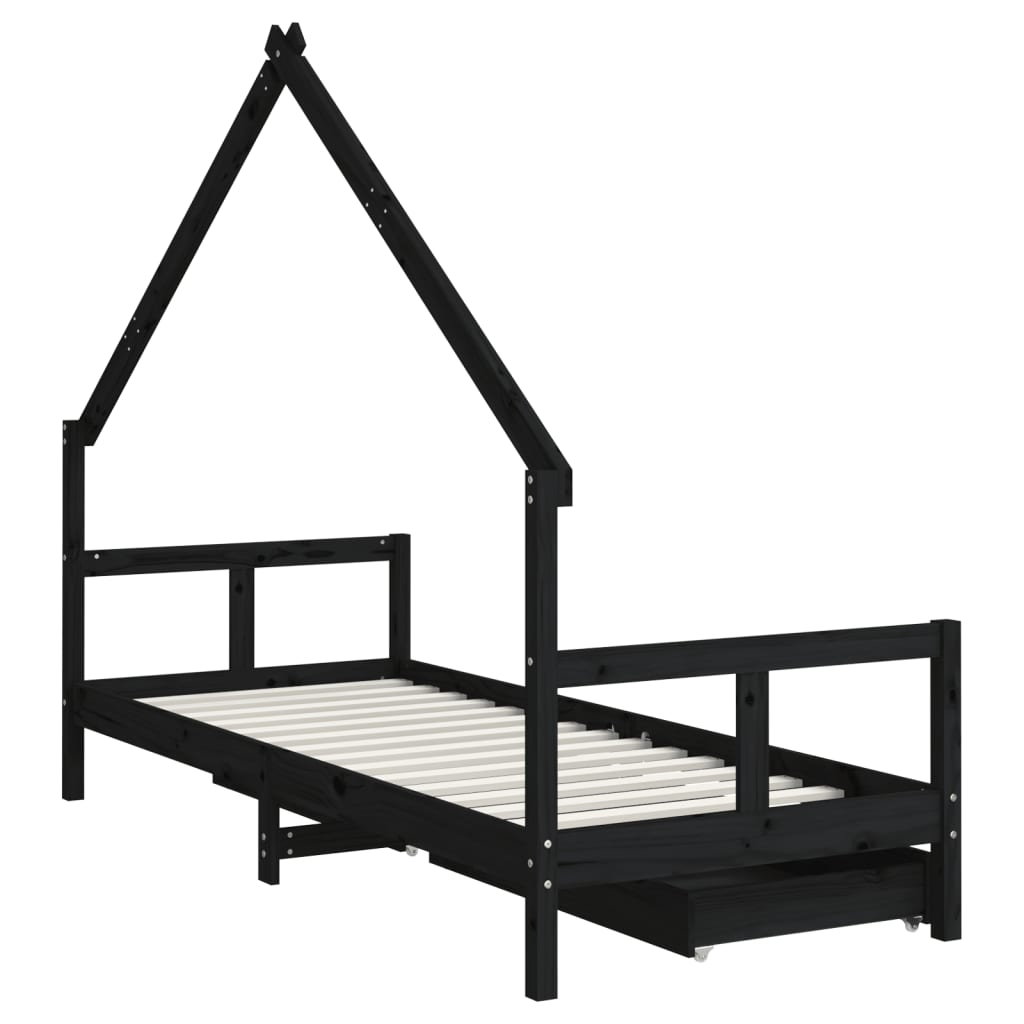 Solid Pine Kids Bed Frame with Drawers, Black 80x200 cm