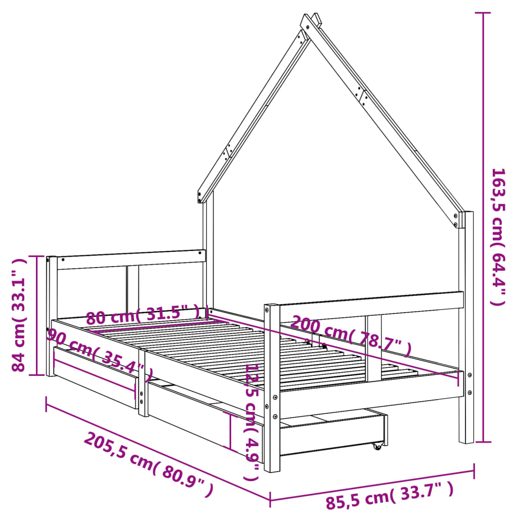 Solid Pine Kids Bed Frame with Drawers, Black 80x200 cm