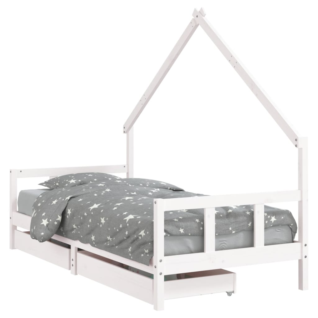 White Solid Pine Kids Bed Frame with Drawers - 90x200 cm