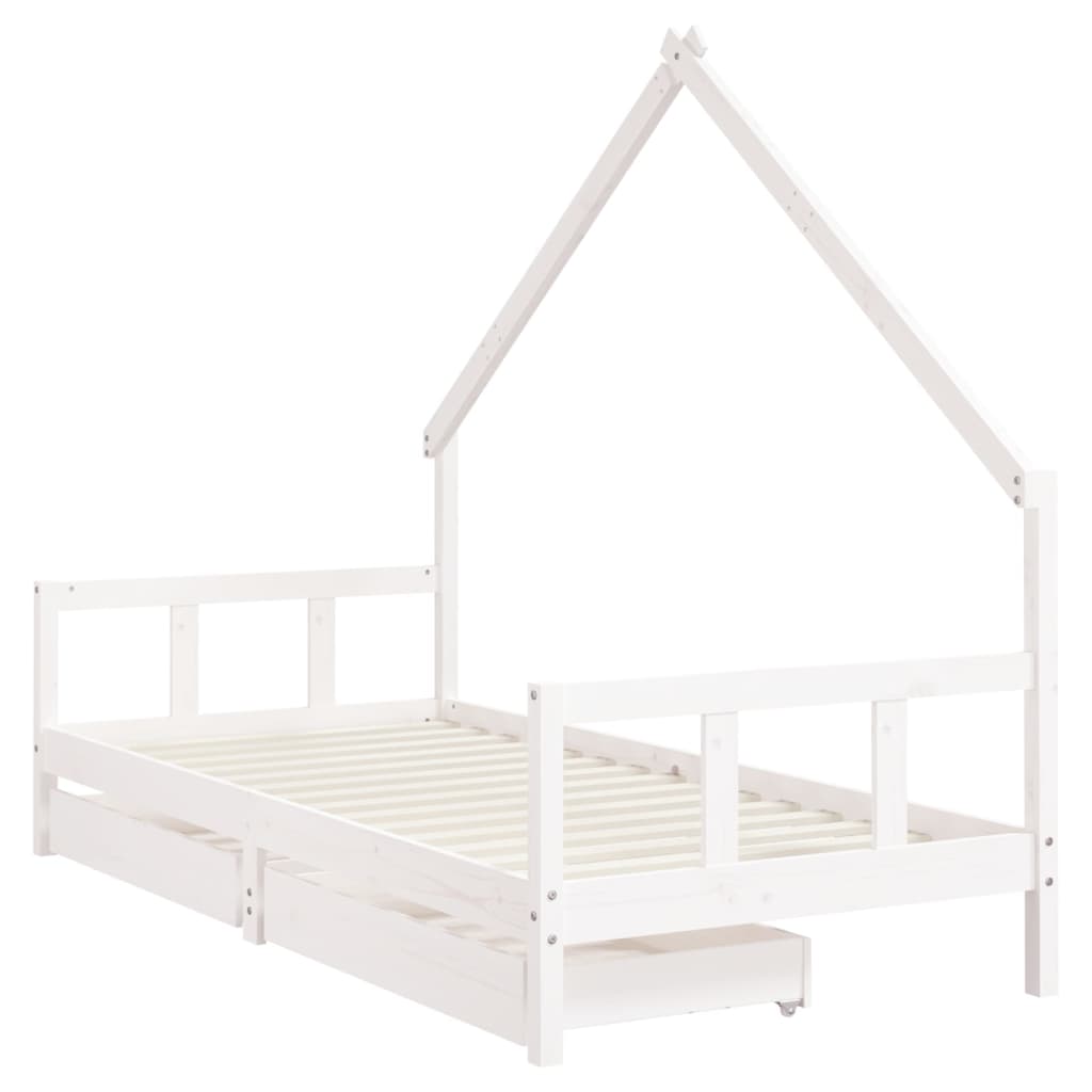 White Solid Pine Kids Bed Frame with Drawers - 90x200 cm