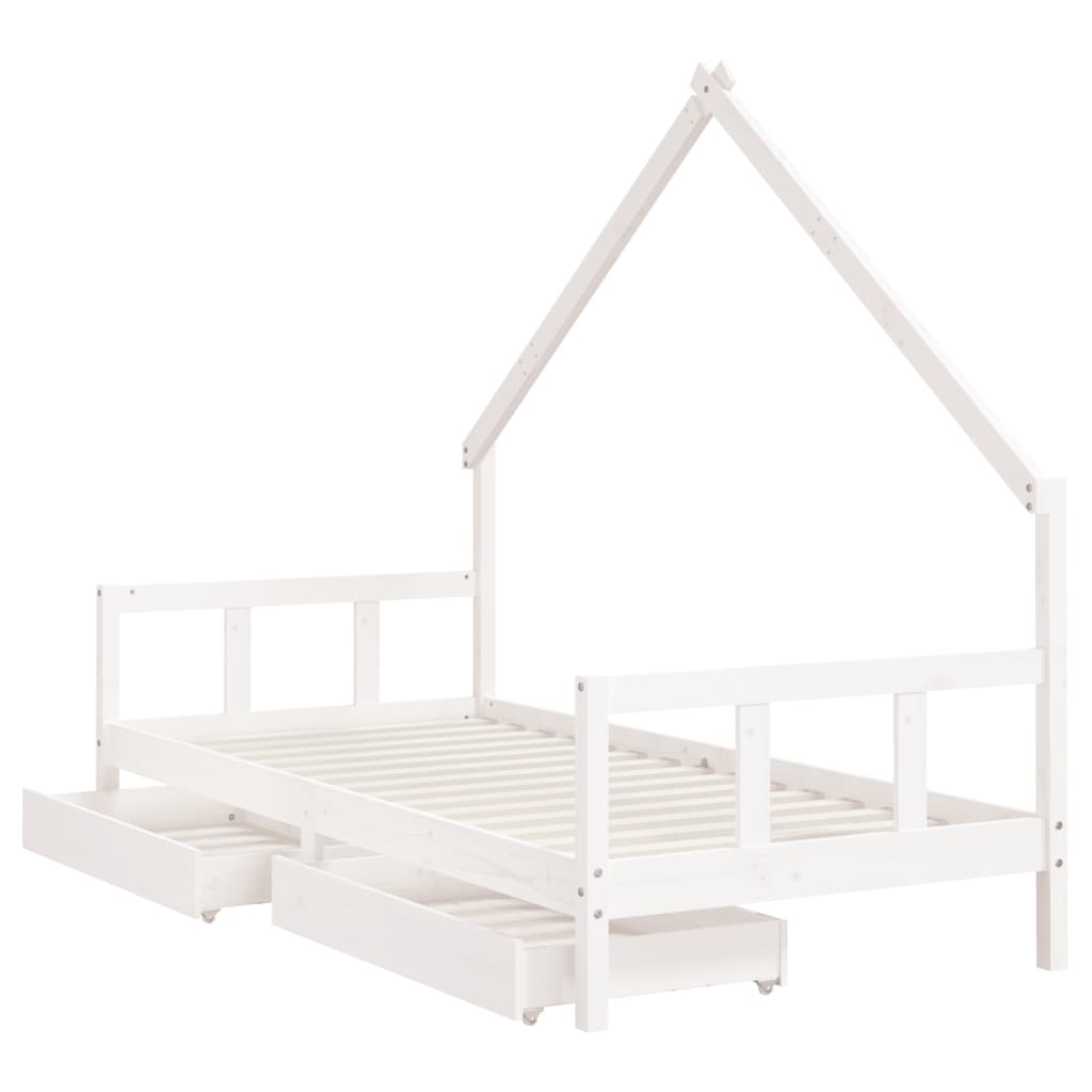 White Solid Pine Kids Bed Frame with Drawers - 90x200 cm