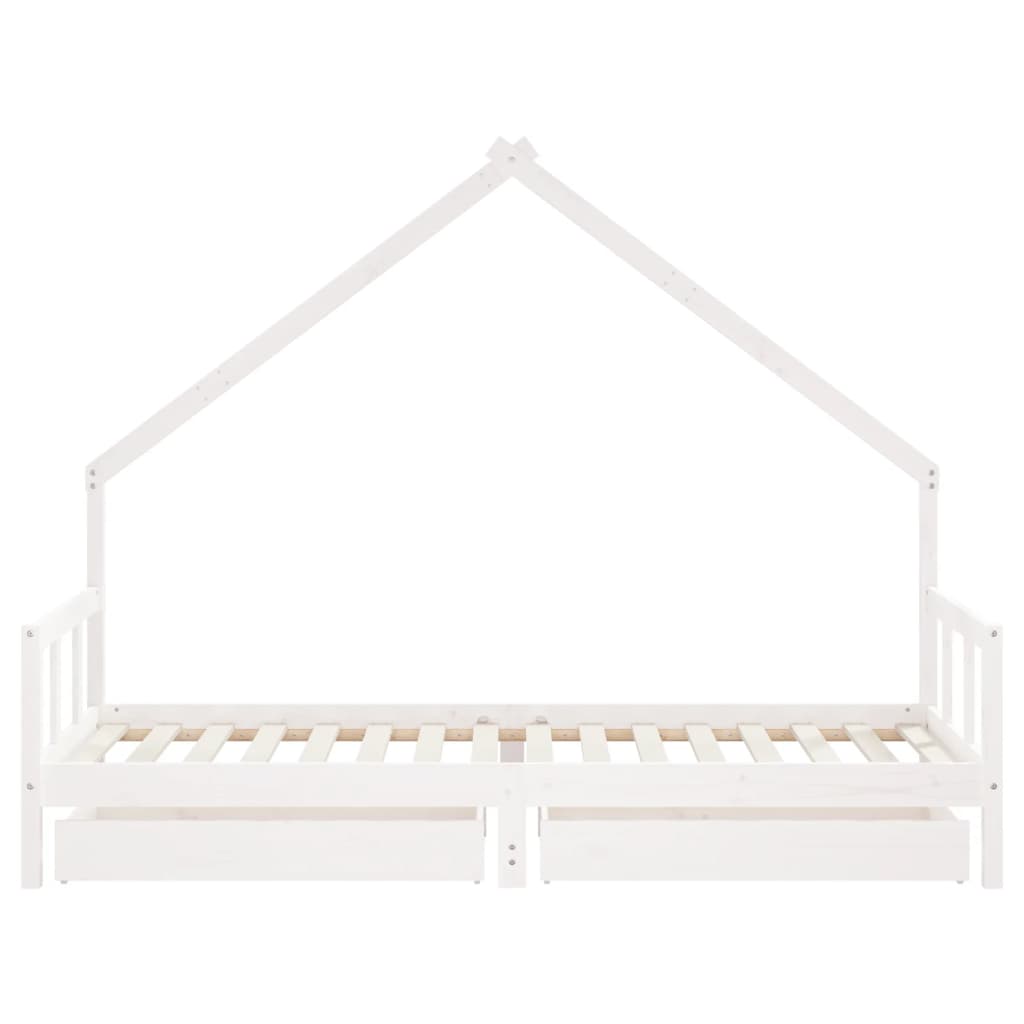 White Solid Pine Kids Bed Frame with Drawers - 90x200 cm