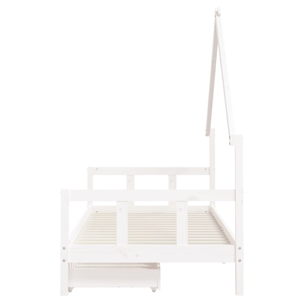 White Solid Pine Kids Bed Frame with Drawers - 90x200 cm
