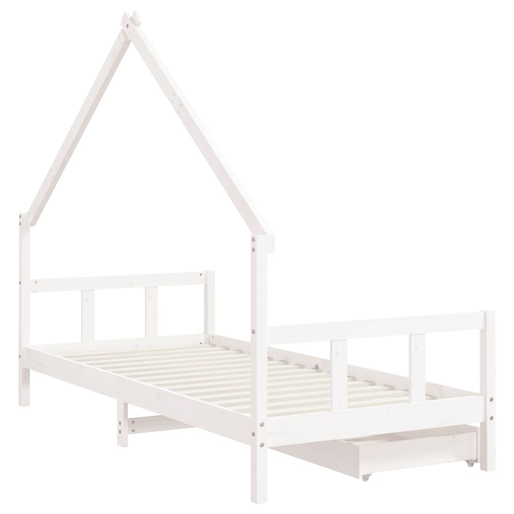 White Solid Pine Kids Bed Frame with Drawers - 90x200 cm