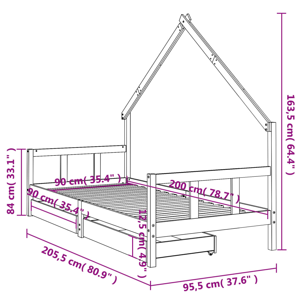 White Solid Pine Kids Bed Frame with Drawers - 90x200 cm