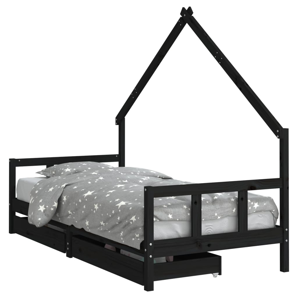 Solid Pine Kids Bed Frame Black 90x200 cm with Drawers