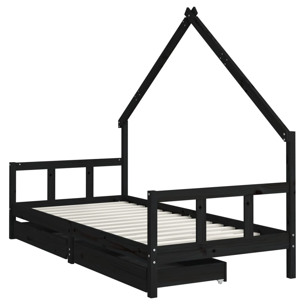 Solid Pine Kids Bed Frame Black 90x200 cm with Drawers