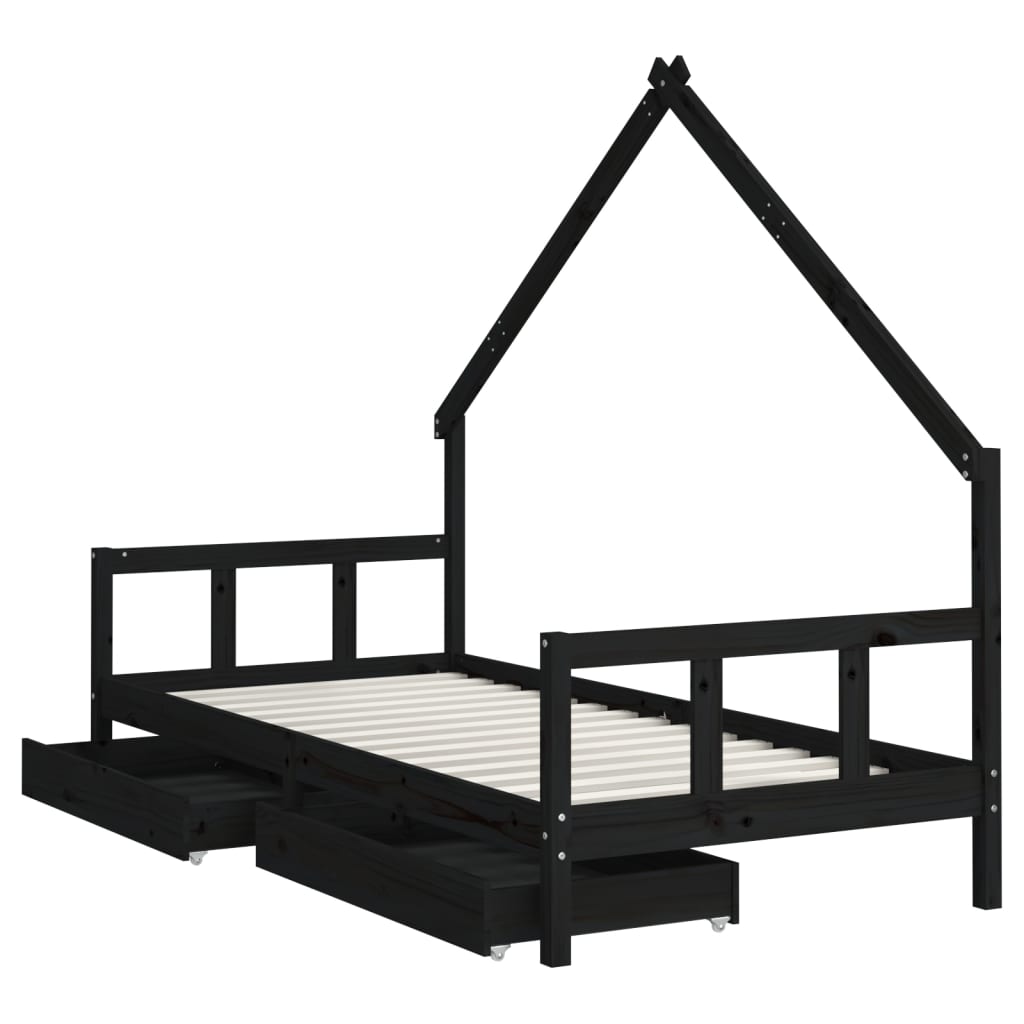 Solid Pine Kids Bed Frame Black 90x200 cm with Drawers