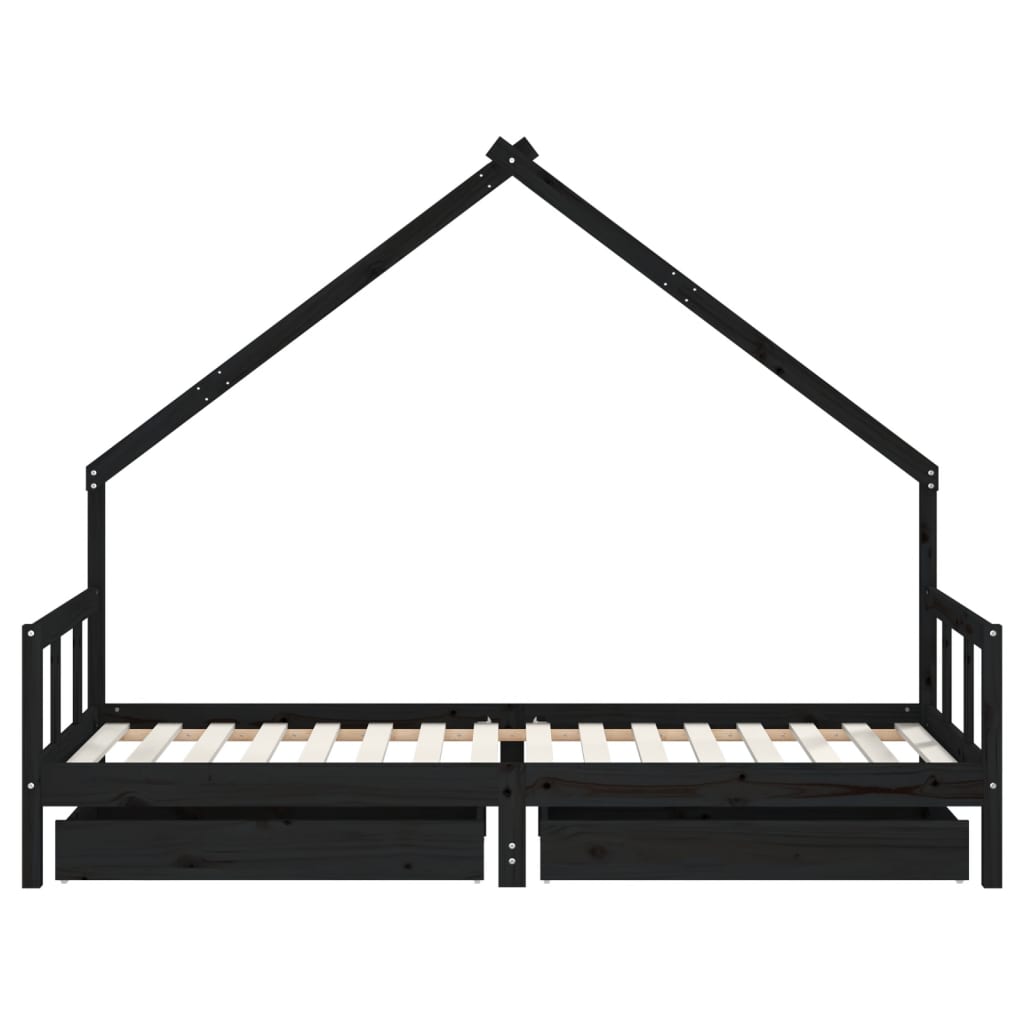 Solid Pine Kids Bed Frame Black 90x200 cm with Drawers