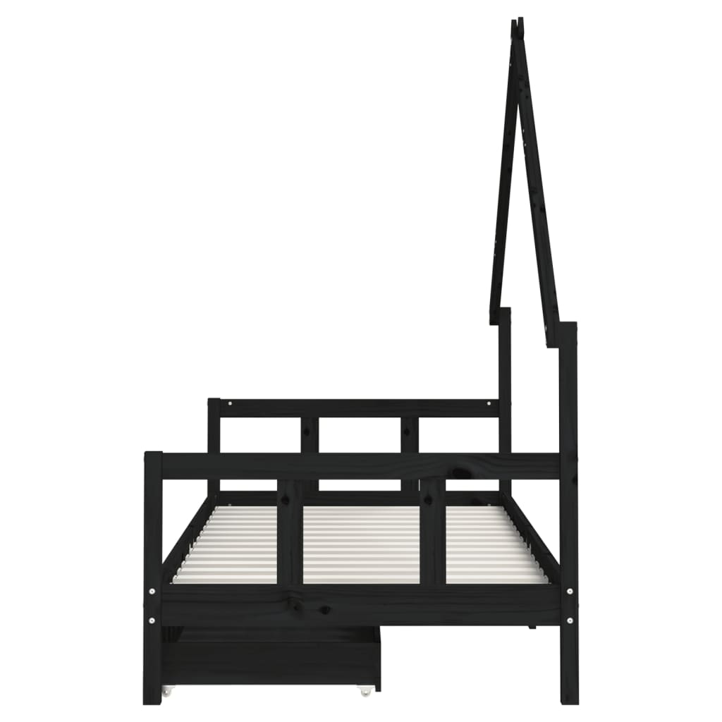 Solid Pine Kids Bed Frame Black 90x200 cm with Drawers