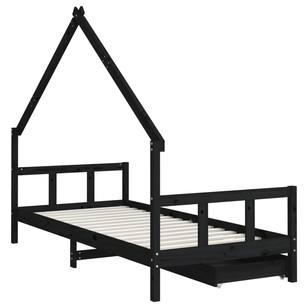 Solid Pine Kids Bed Frame Black 90x200 cm with Drawers