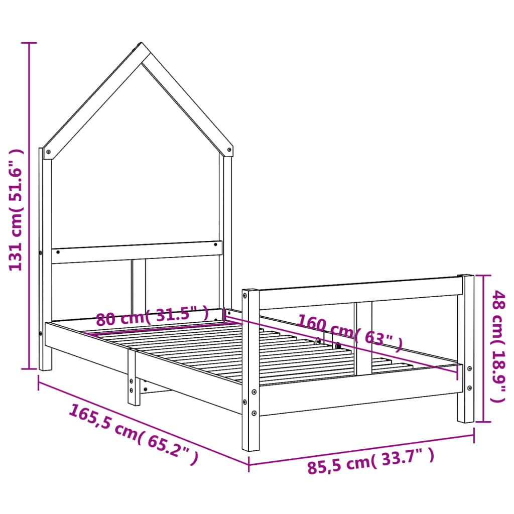 Solid Pine Kids Bed Frame 80x160 cm - Natural Wood Finish