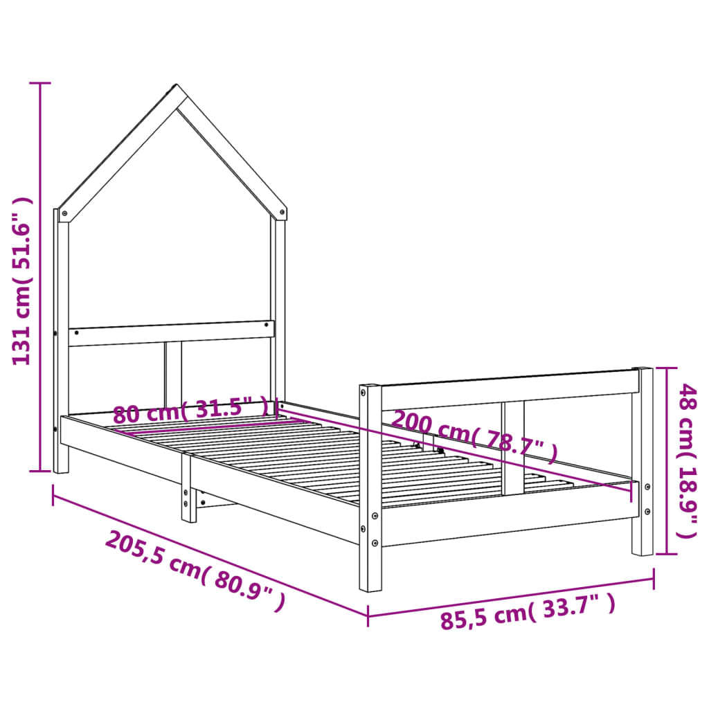Solid Pine Wood Kids Bed Frame - White, 80x200 cm