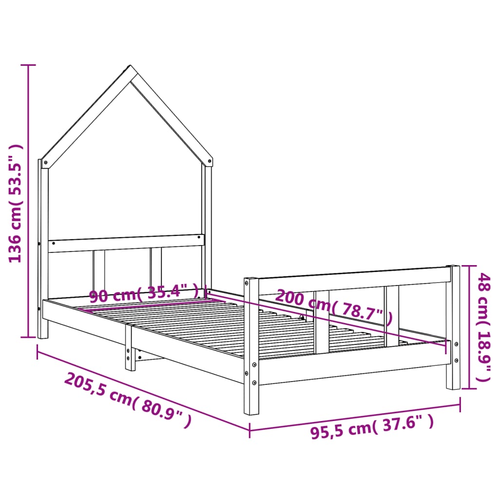 Solid Pine Kids Bed Frame, Black, 90x200 cm