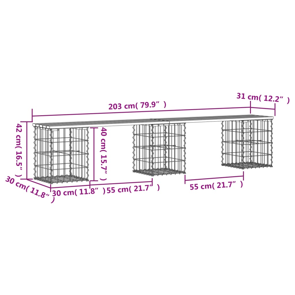 Solid Pine Garden Bench with Gabion Design, 203x31x42 cm