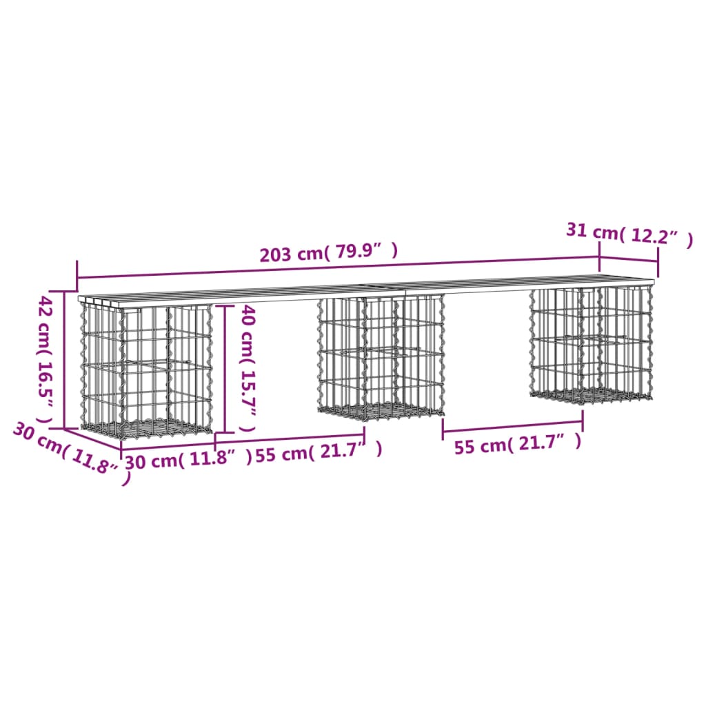 Solid Wood Douglas Gabion Garden Bench - 203x31x42 cm Design