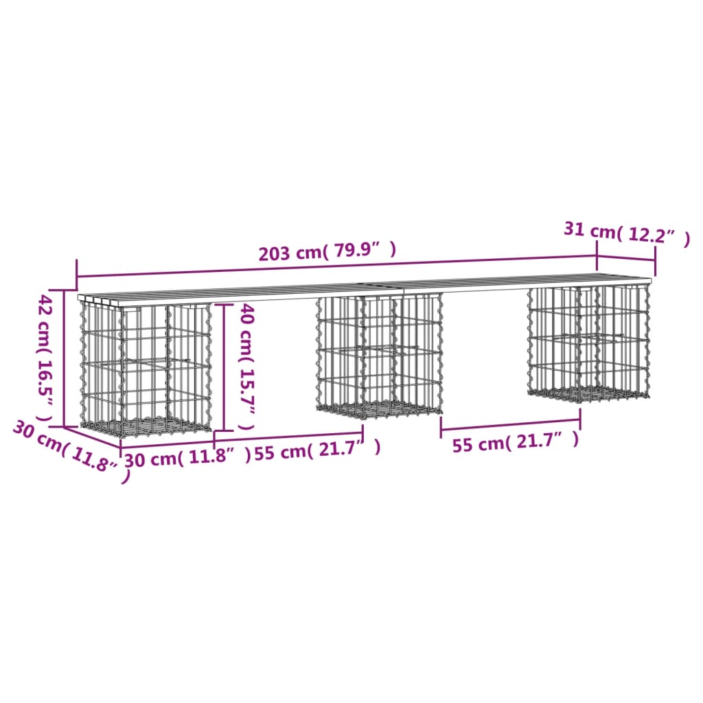 Impregnated Pine Wood Gabion Garden Bench - 203x31x42 cm