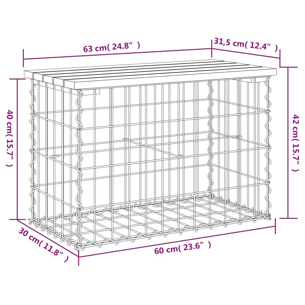 Gabion Garden Bench 63x31.5x42 cm in Solid Pine Wood