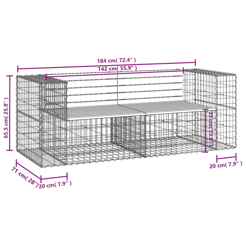 Solid Wood Pine Garden Bench Gabion - 184x71x65.5 cm Design