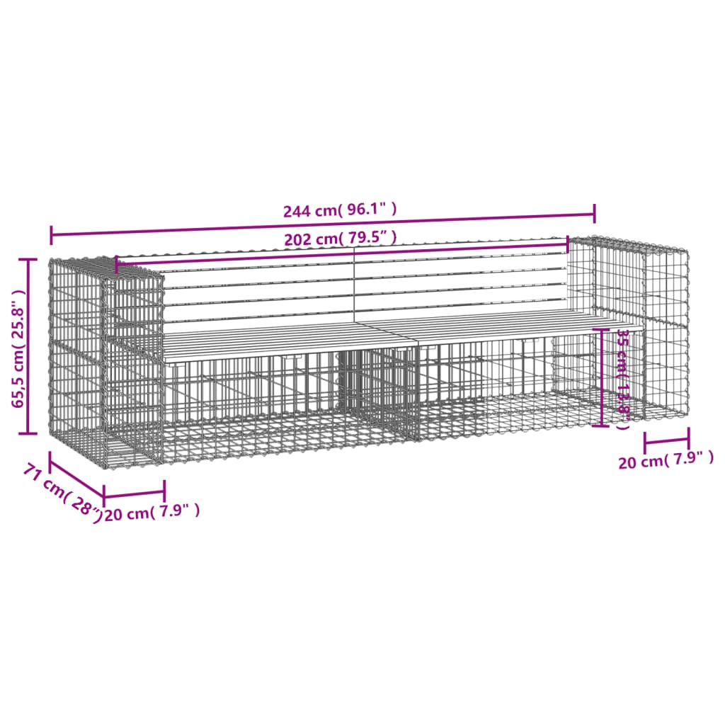 Gabion Garden Bench 244x71x65.5cm - Impregnated Pine Wood