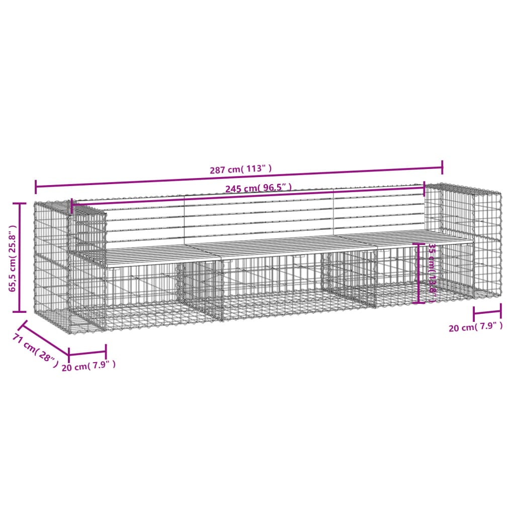 Solid Wood Garden Bench Gabion - Douglas, 287x71x65.5 cm