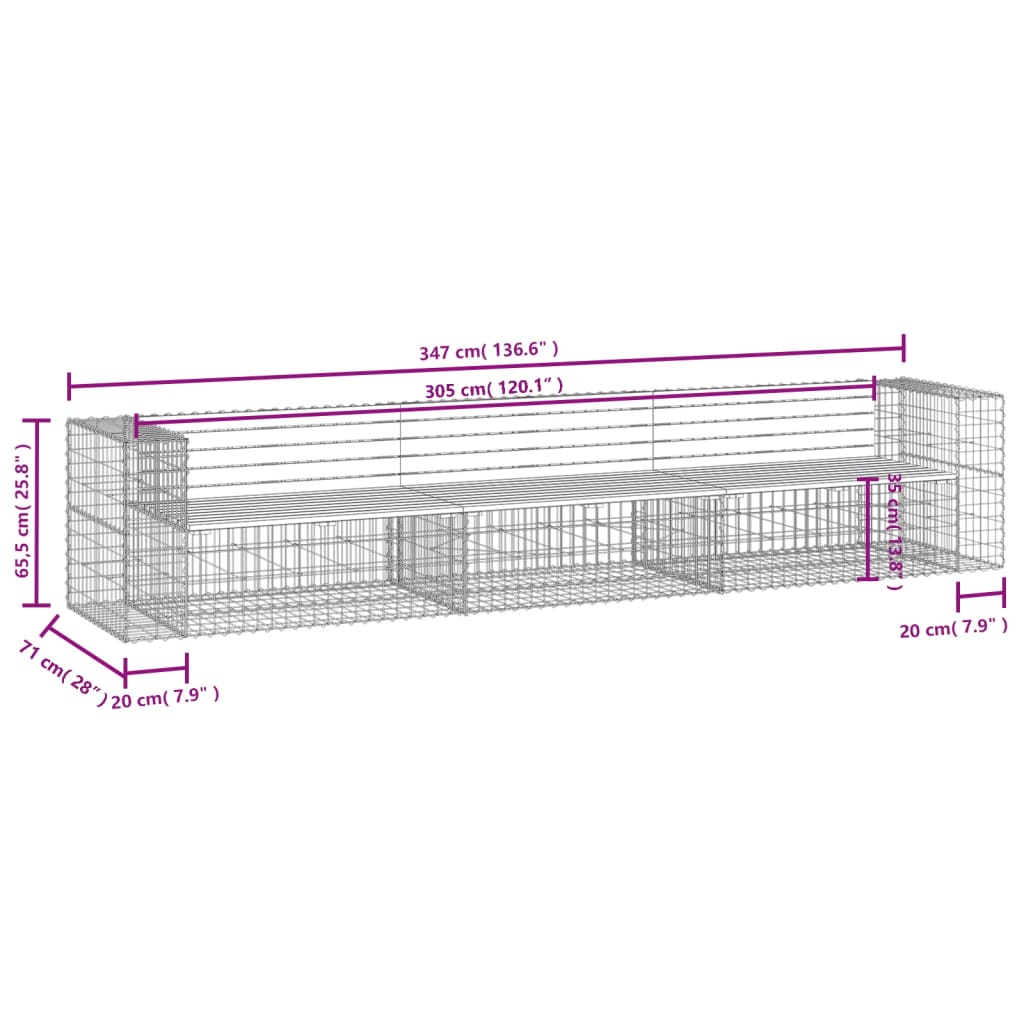 Solid Wood Garden Bench Gabion 347x71x65.5 cm - Douglas Design