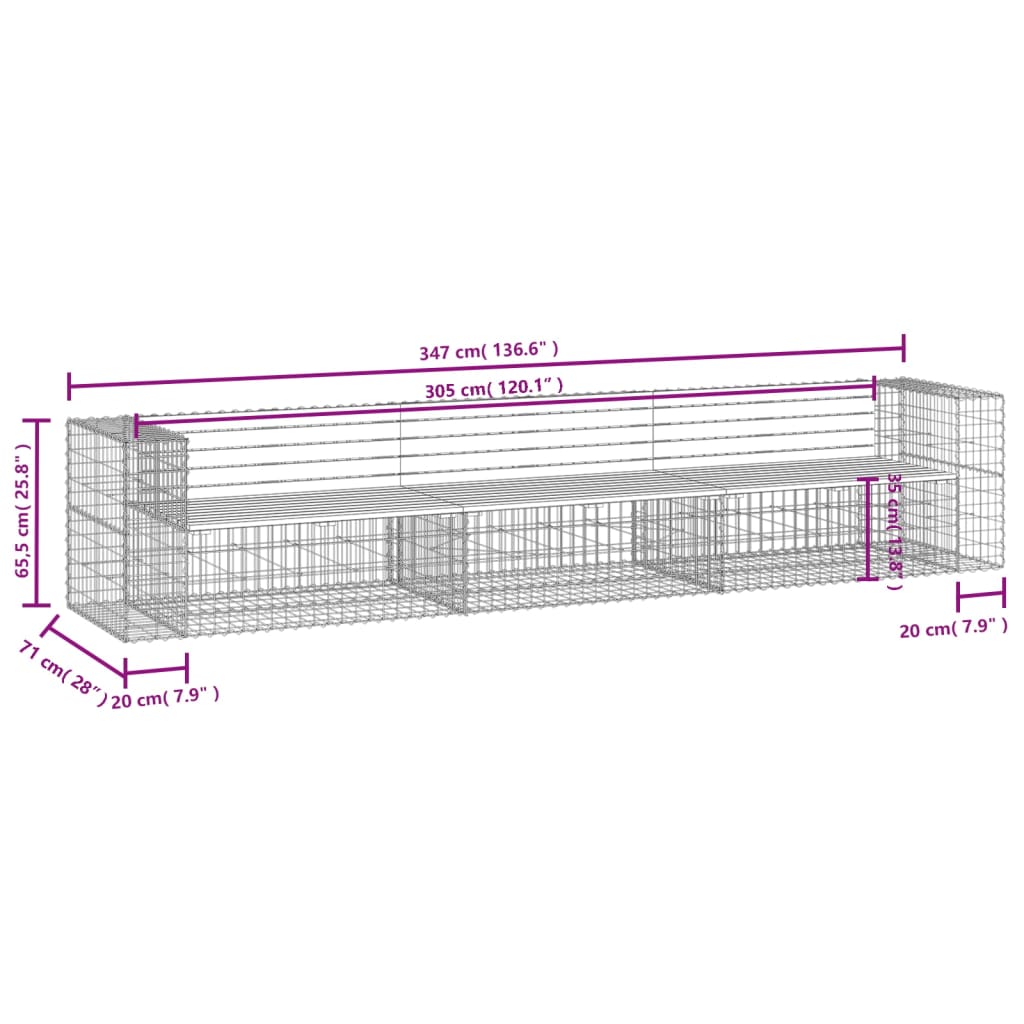 Gabion Garden Bench 347x71x65.5 cm - Impregnated Pine Wood Design