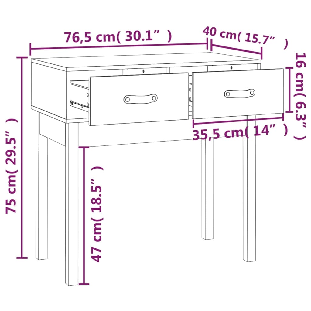 Solid Pine Wood Console Table - White, 76.5x40x75 cm